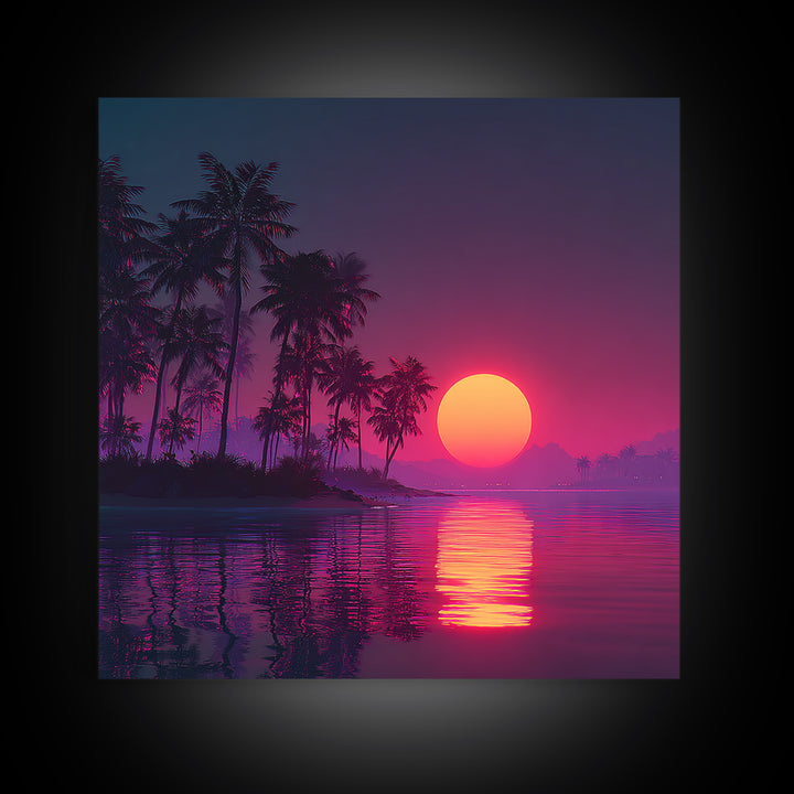 Neon Tropical Sunset Palm Tree Beach Wall Art, Vibrant Retro Coastal Landscape Canvas Print Home Decor