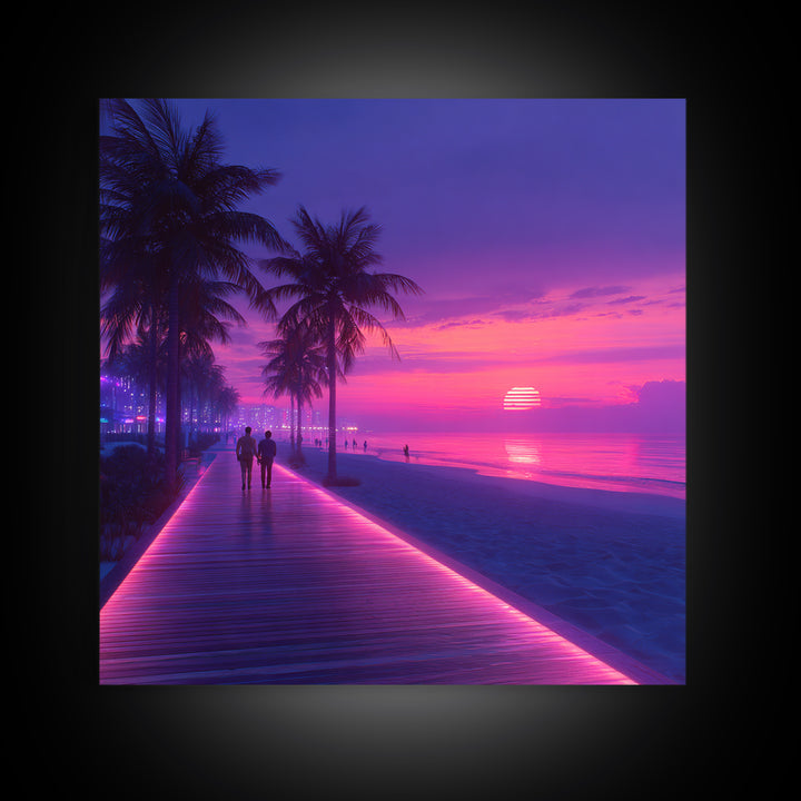 Neon Pink Boardwalk Beach Sunset Wall Art Retro Coastal Vibes Colorful Modern Home Decor Large Canvas Print Living Room Wall Art