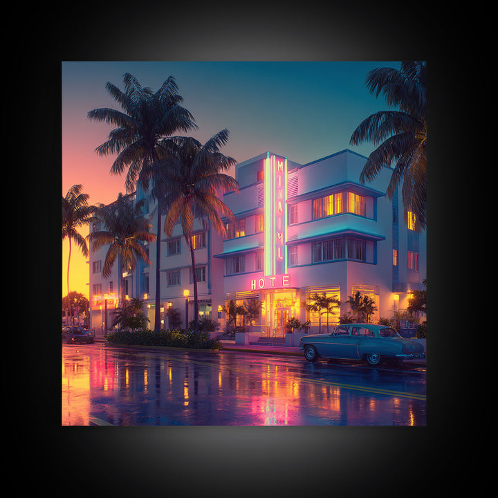 Miami Art Deco Hotel Night Cityscape Wall Art, Neon Coastal Canvas Print, Retro Urban Home Decor For Living Room