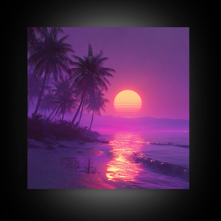 Neon Tropical Beach Sunset Wall Art, Vaporwave Palm Trees Canvas Print, Coastal Retro Ocean Art For Bedroom Or Living Room Decor