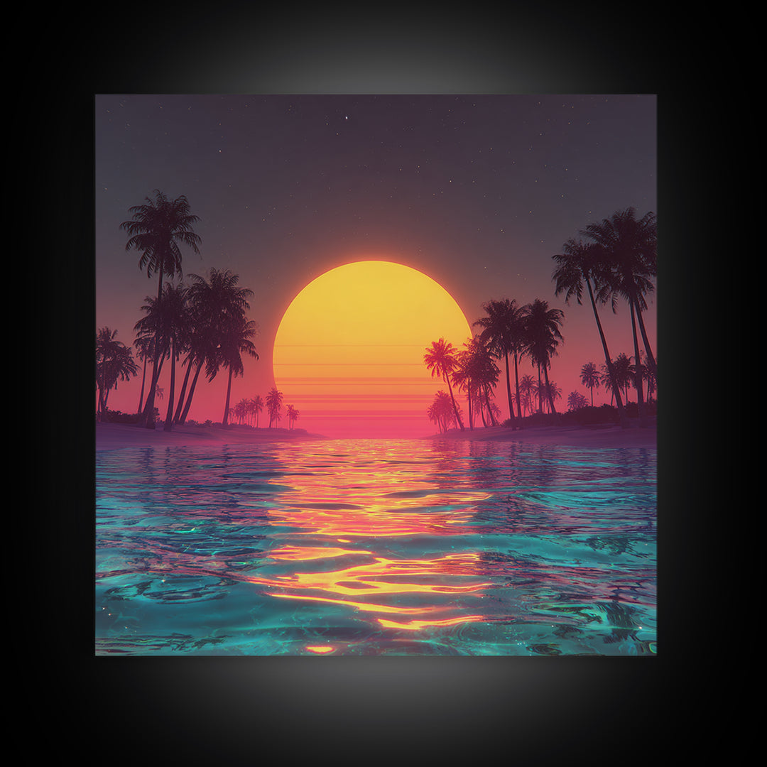 Neon Sunset Palm Beach Wall Art For Coastal Home Decor, Retro Tropical Ocean Canvas Print, Modern Coastal Wall Art