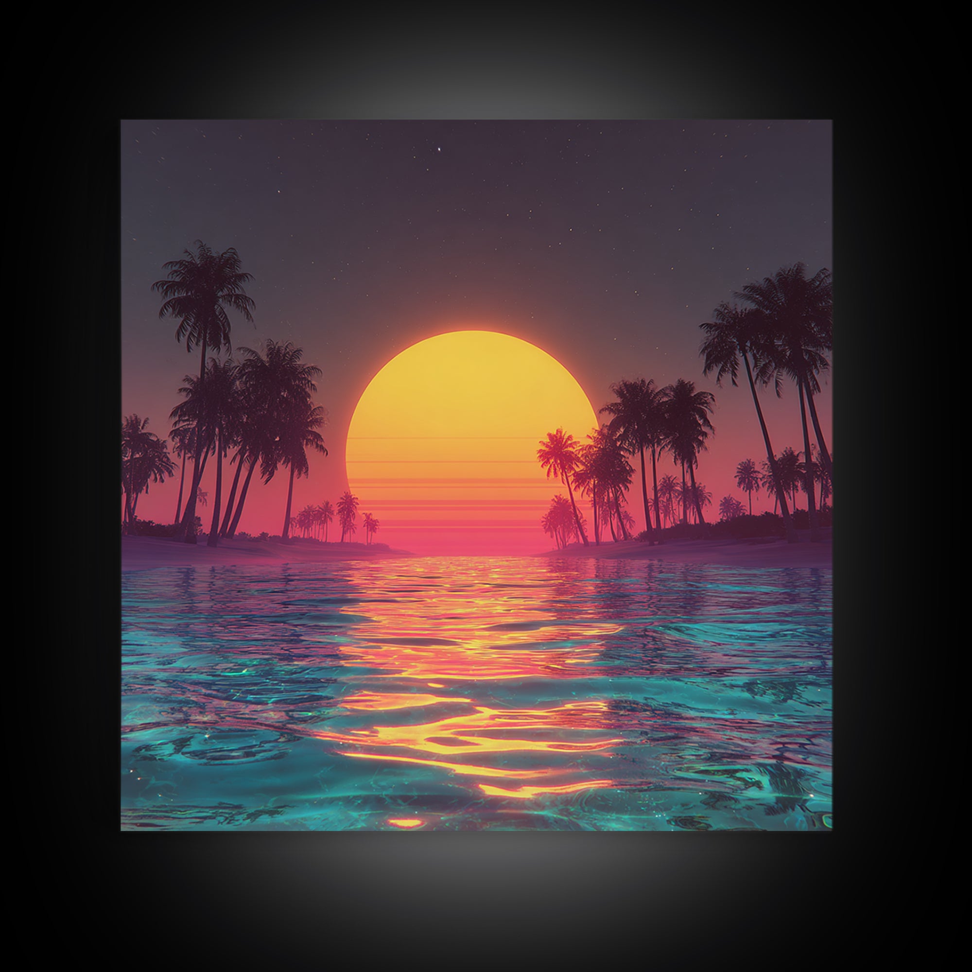Neon Sunset Palm Beach Wall Art For Coastal Home Decor, Retro Tropical Ocean Canvas Print, Modern Coastal Wall Art