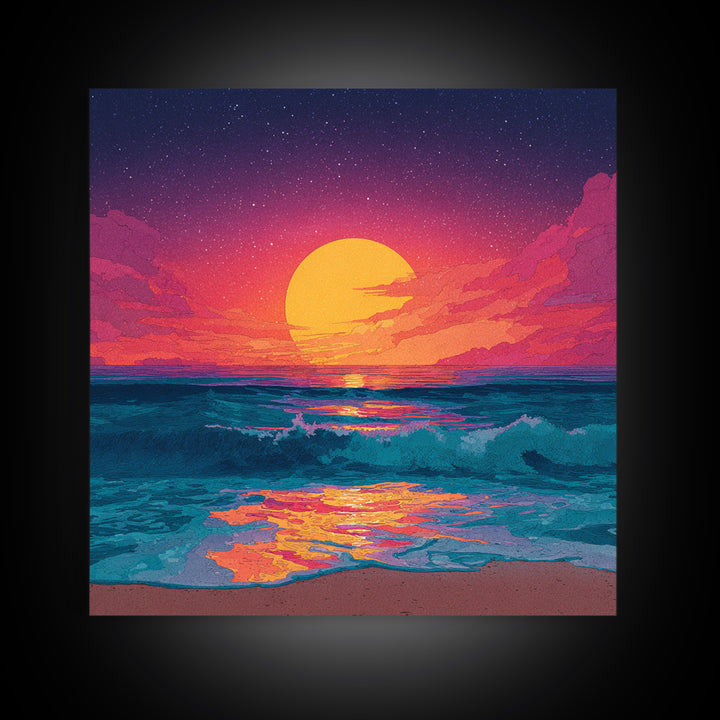 Colorful Ocean Sunset Waves Wall Art, Retro Beach Canvas Print, Modern Coastal Decor, Vibrant Seascape Living Room Art