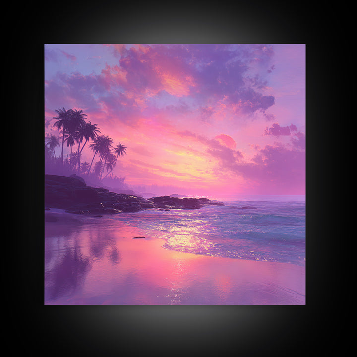 Dreamy Pink Ocean Sunset Wall Art, Tropical Beach Landscape Canvas Print, Pastel Coastal Home Decor For Living Room