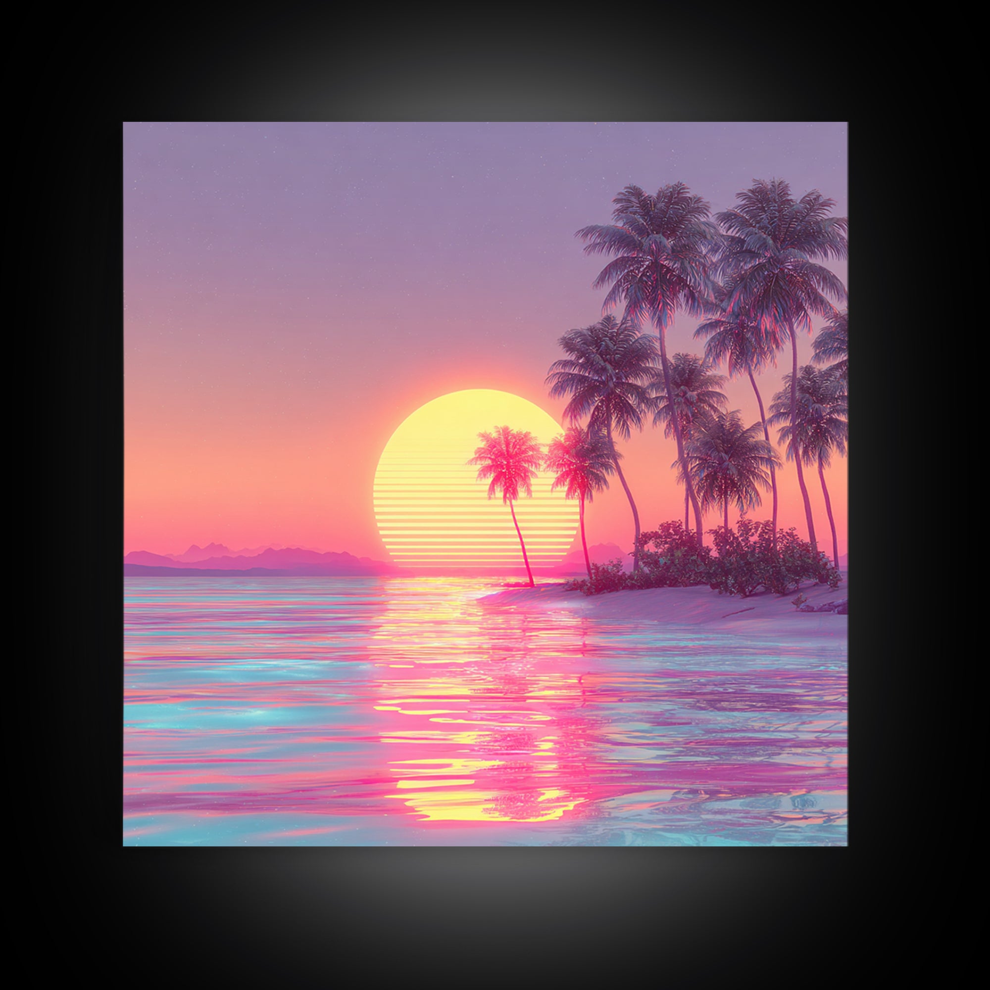 Dreamy Tropical Palm Trees Pink Sunset Beach Canvas Print, Coastal Wall Art, Vaporwave Ocean Decor, Pastel Summer Poster
