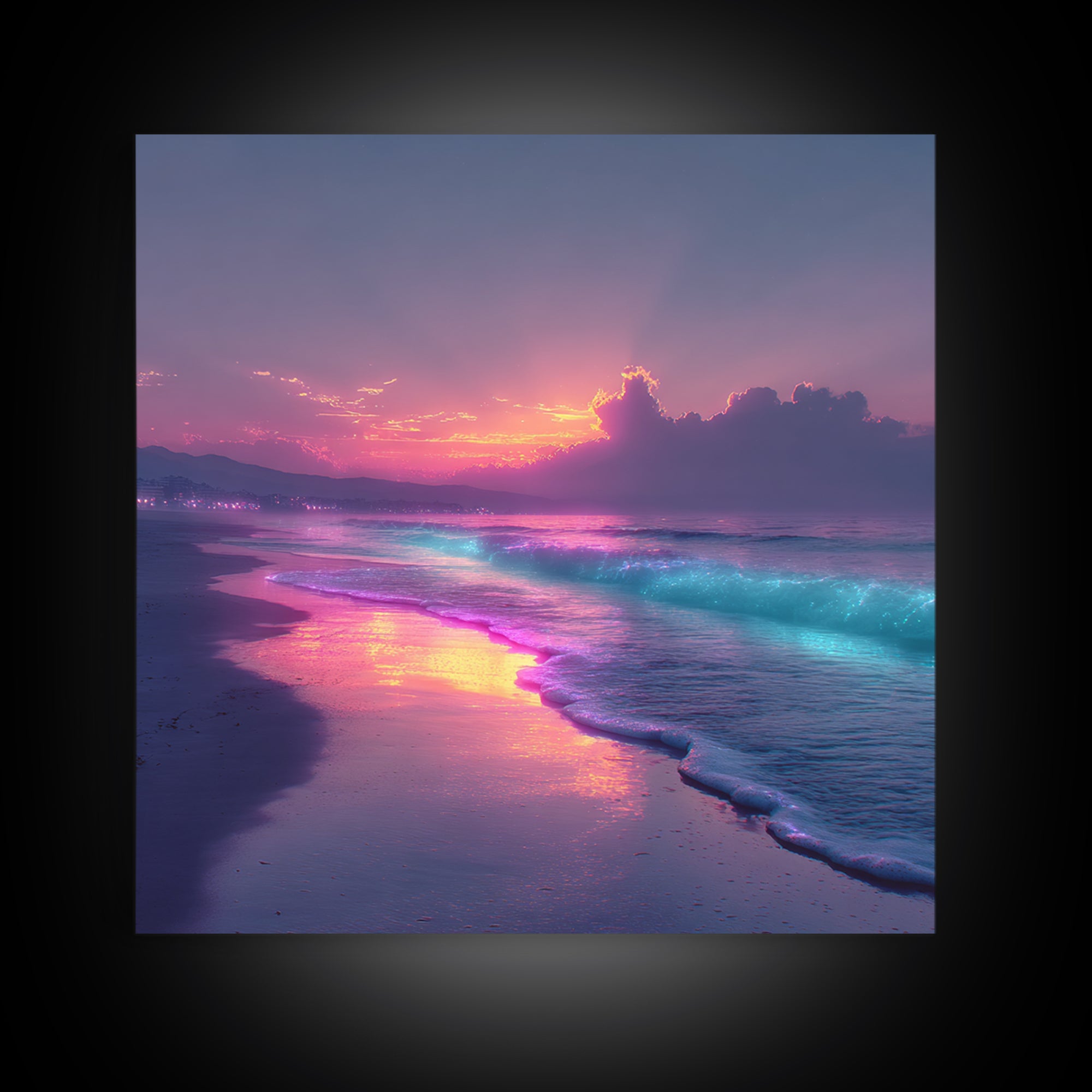 Vibrant Neon Ocean Sunset Landscape Large Wall Art Canvas Print Contemporary Coastal Home Decor