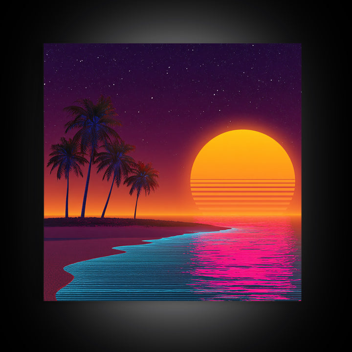 Neon Island Sunset Palm Tree Canvas Print, Retro Tropical Beach Wall Art, Bold Synthwave Coastal Decor, Colorful Bedroom Wall Art