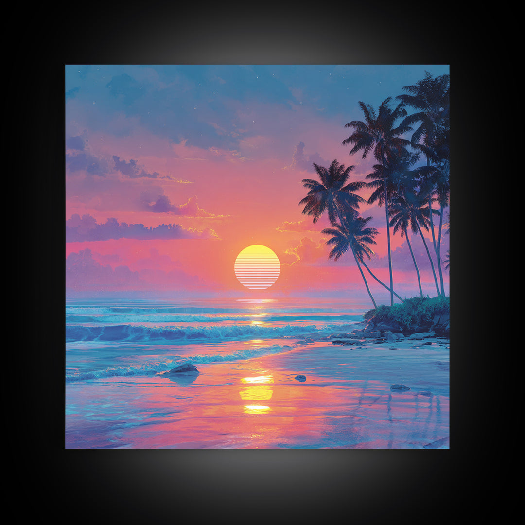 Dreamy Tropical Beach Sunset With Palms Wall Art, Pastel Coastal Canvas Print For Relaxing Modern Home Decor