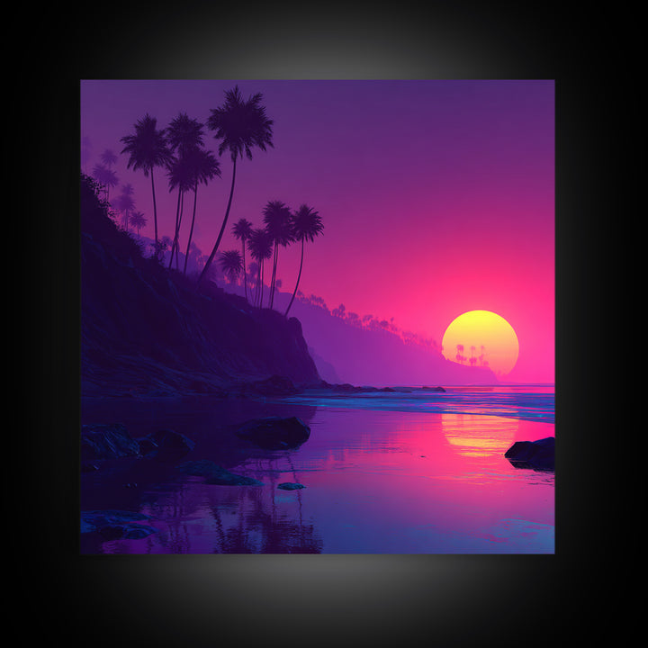 Neon Sunset Tropical Beach Wall Art, Vibrant Palm Tree Coastal Canvas Print For Modern Coastal Home And Bedroom Decor