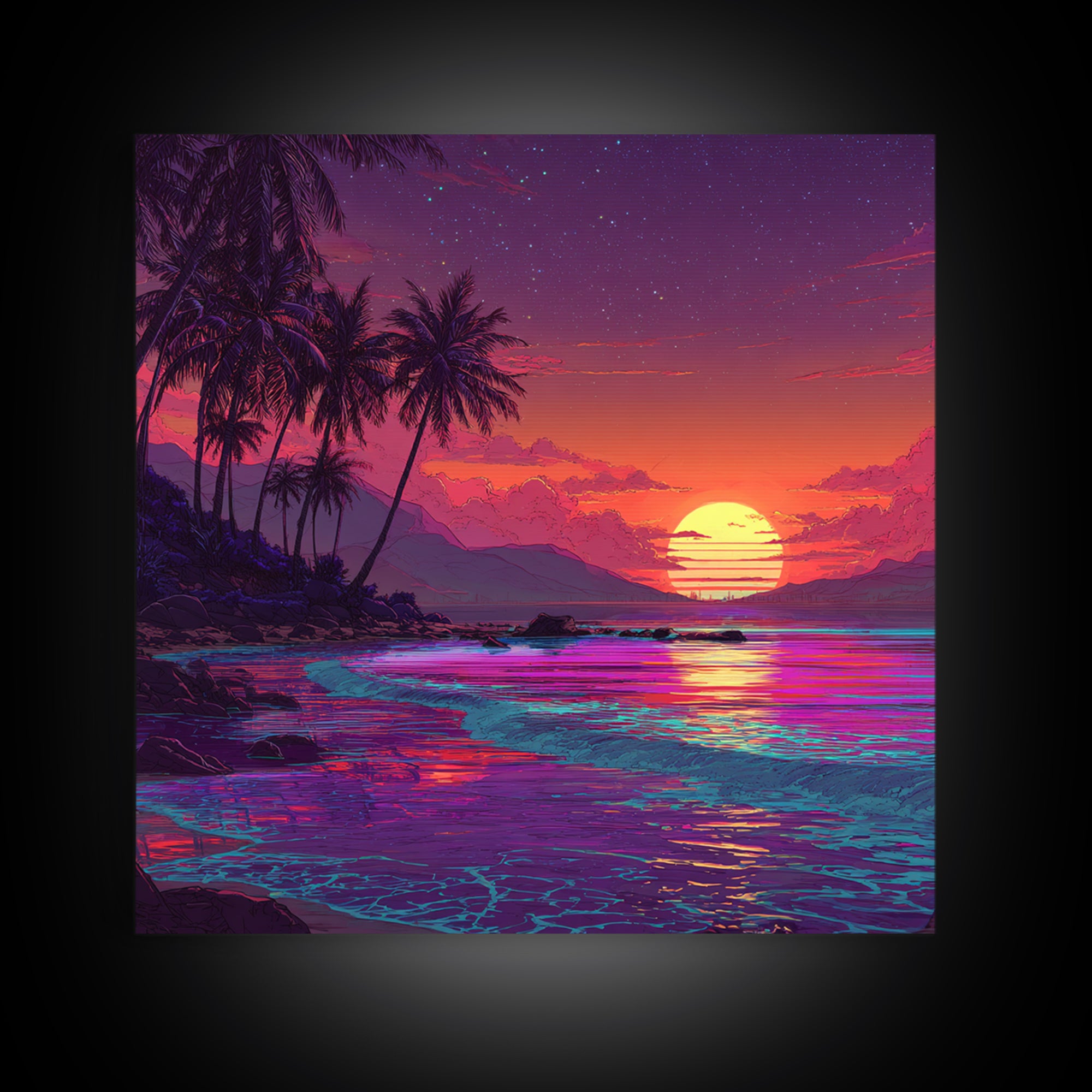 Neon Tropical Beach Sunset Wall Art, Vibrant Ocean Landscape Canvas Print, Retro Coastal Decor, Modern Living Room Wall Decor