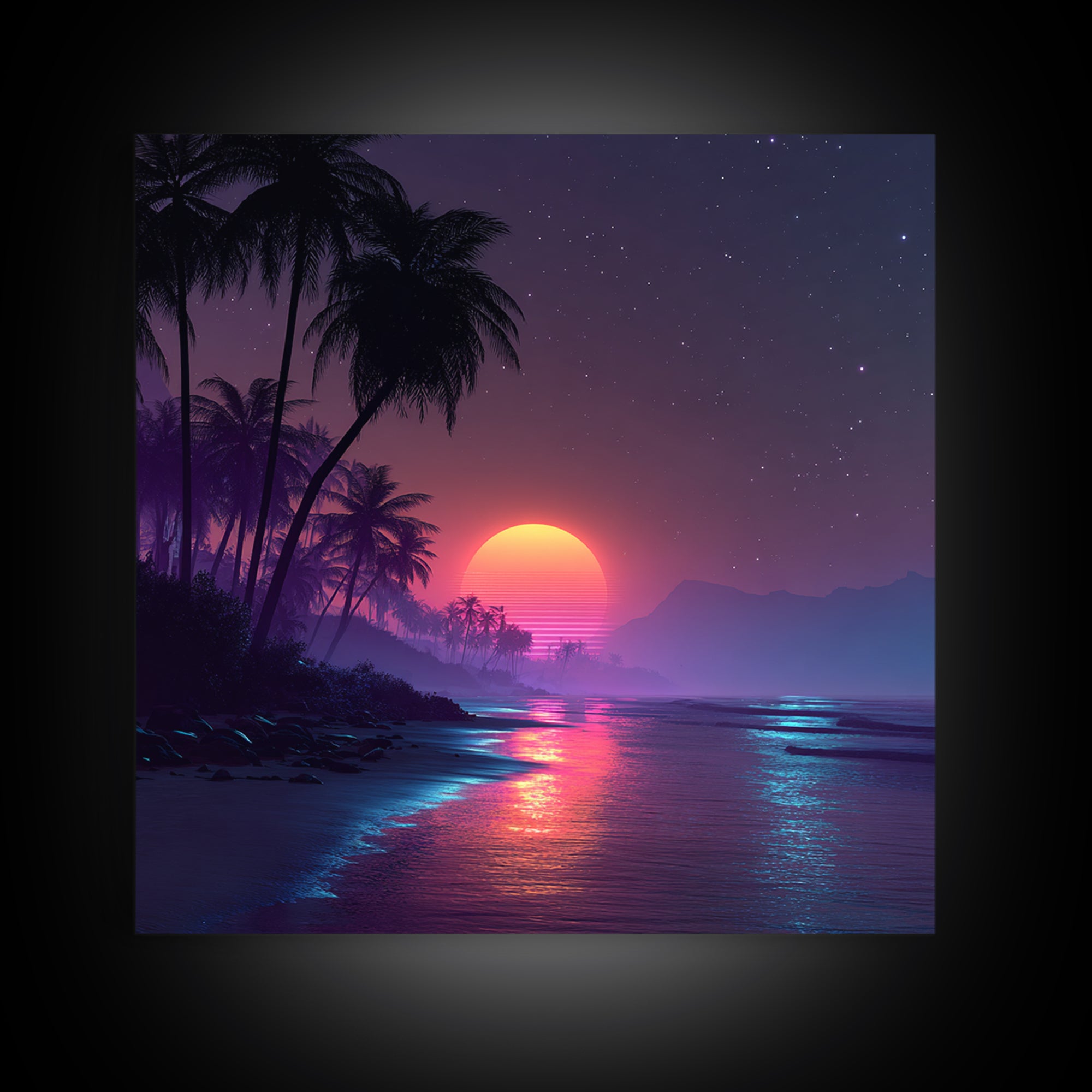 Neon Tropical Beach Sunset Wall Art, Retro Coastal Palm Tree Canvas Print, Vibrant Ocean Night Sky Home Decor