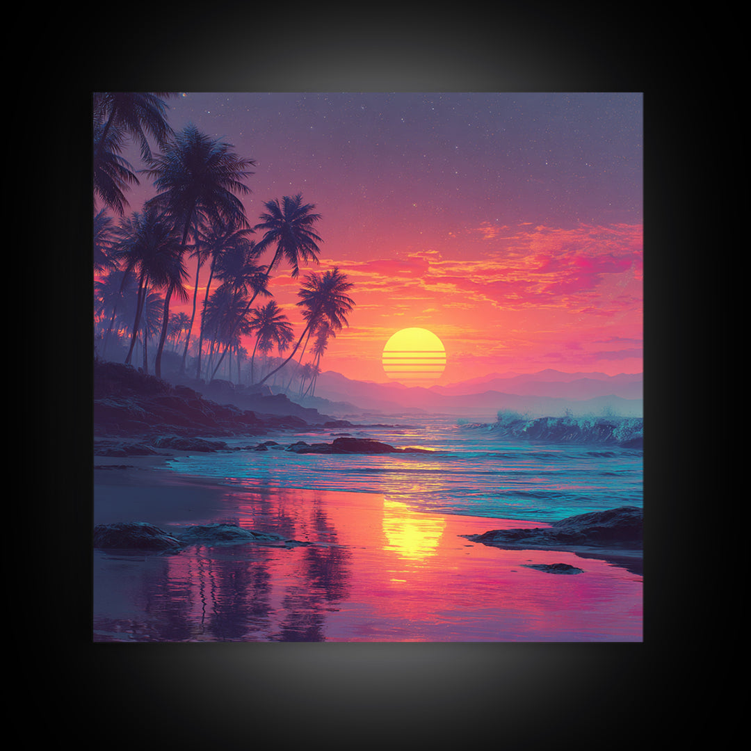 Tropical Pink Sunset Beach Wall Art, Palm Tree Coastal Ocean Canvas Print For Modern Coastal Decor And Bedroom Wall