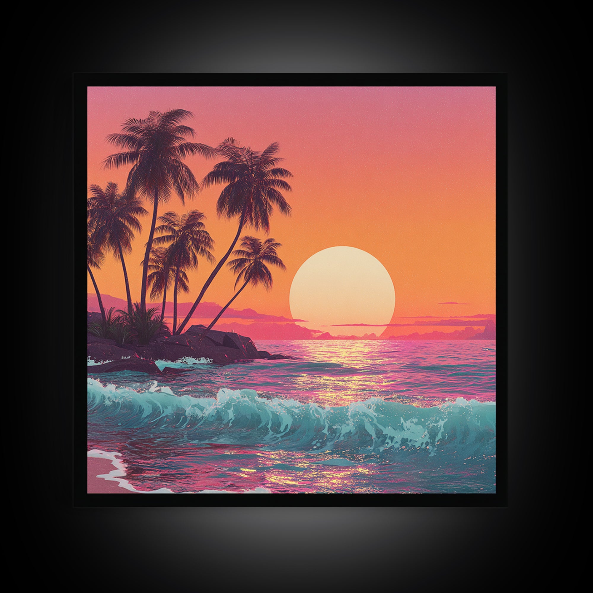 Retro Tropical Sunset Wall Art, Pink And Orange Beach Canvas Print, Aesthetic Coastal Decor For Bedroom