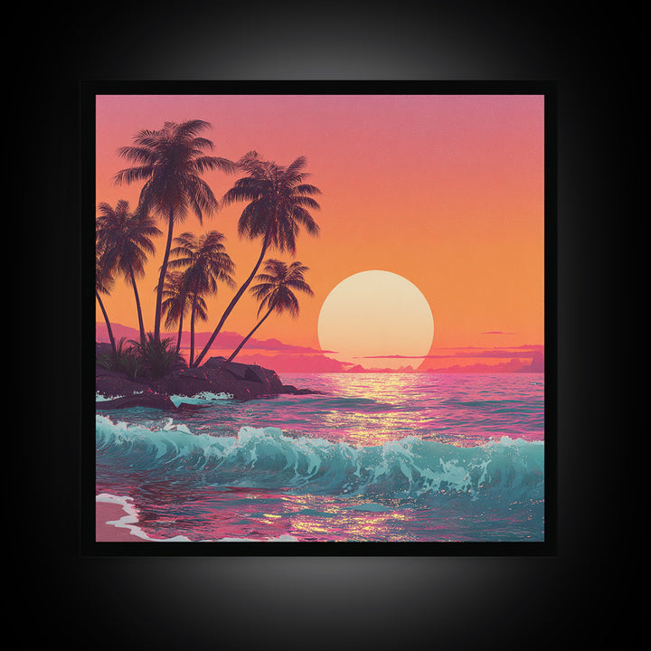 Retro Tropical Sunset Wall Art, Pink And Orange Beach Canvas Print, Aesthetic Coastal Decor For Bedroom