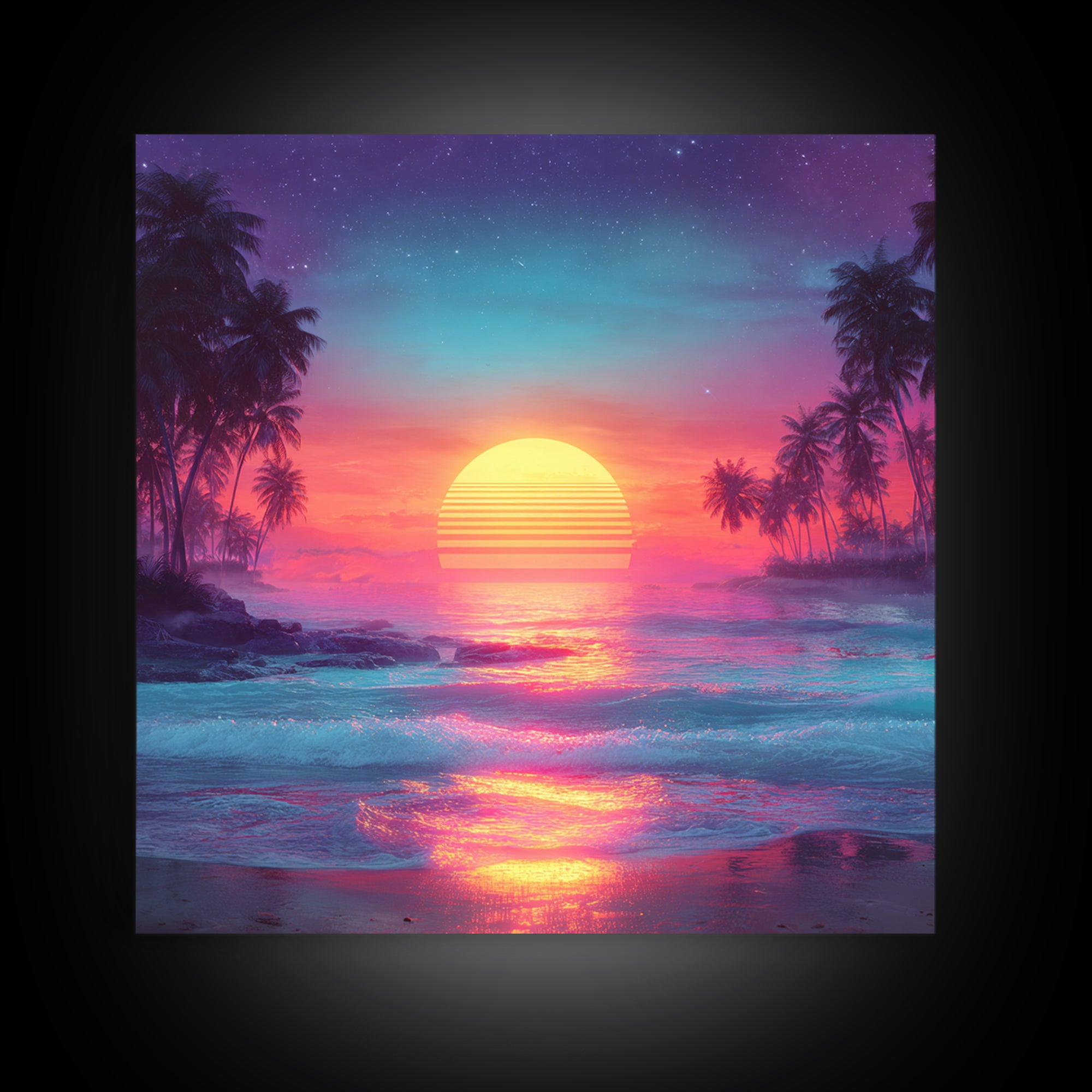 Neon Tropical Sunset Beach Wall Art, Retro Ocean Landscape Canvas Print, Coastal Home Decor, Modern Abstract Seascape