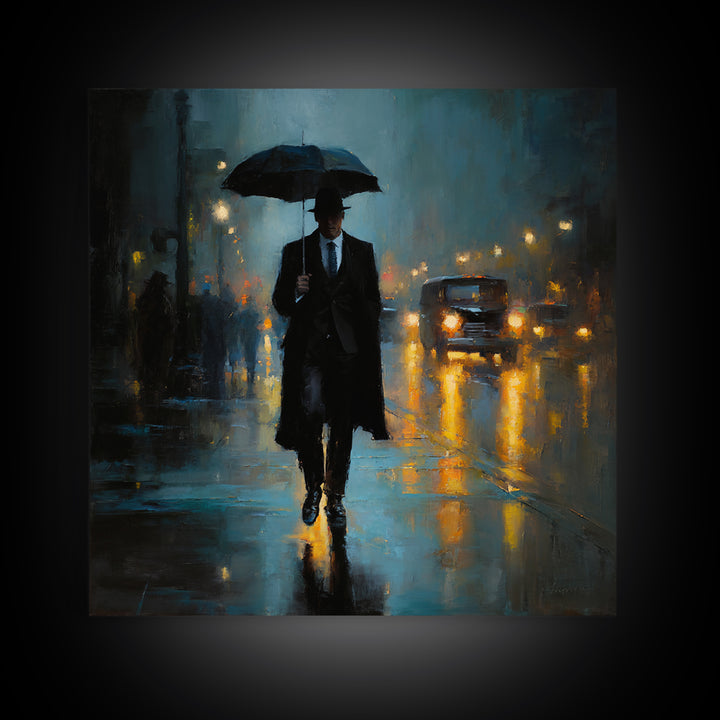 Noir Gentleman With Umbrella In Rainy City Wall Art, Moody Oil Painting Print, Dark Academia Office Decor, Gift For Him