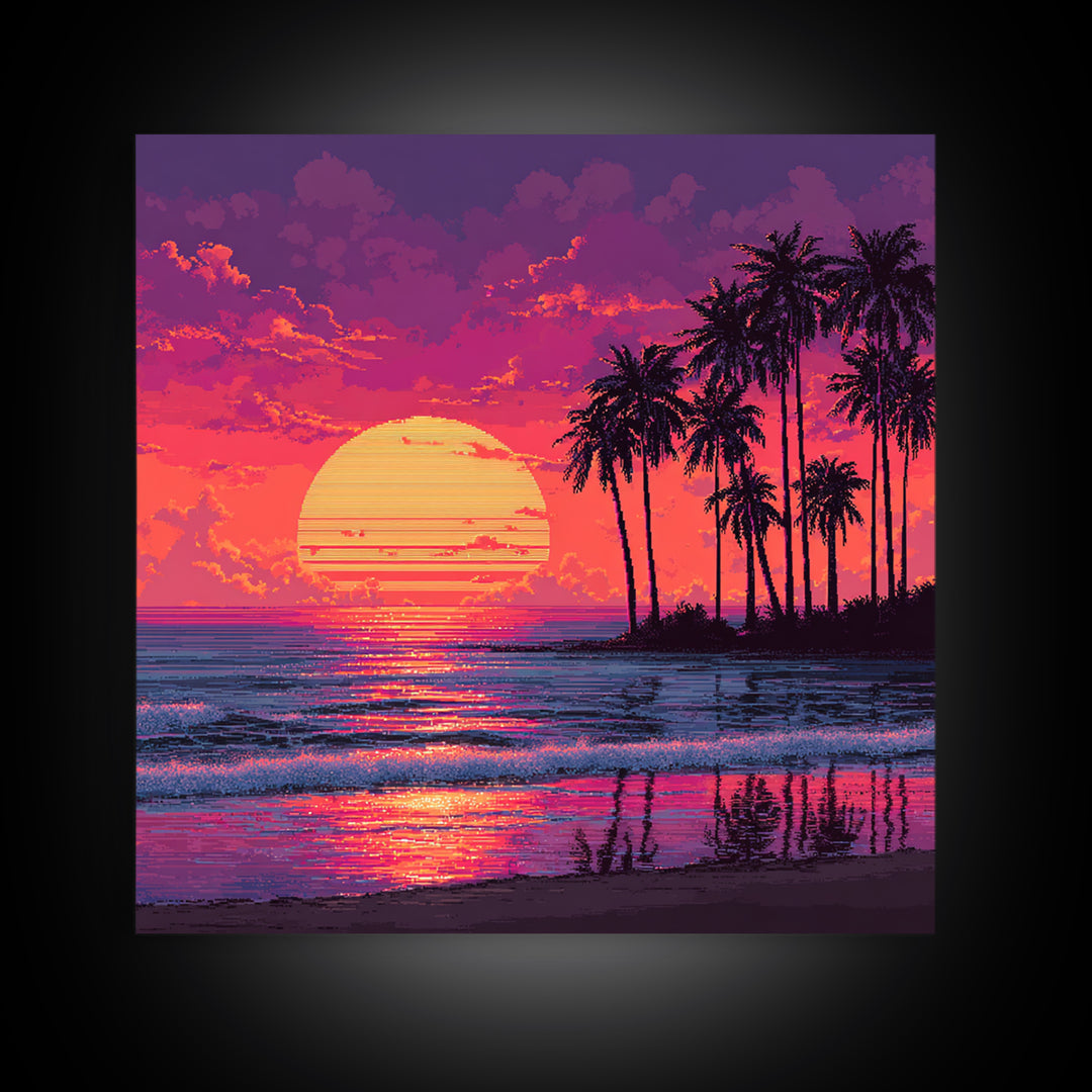 Pixel Art Tropical Sunset Beach Wall Art, Retro 8 Bit Palm Landscape Canvas Print, Colorful Gaming Room Decor