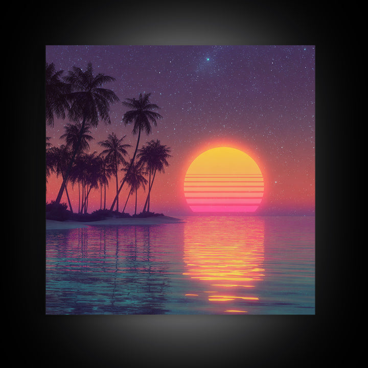 Neon Tropical Beach Palm Trees Retro Sunset Night Sky Wall Art Canvas Print Coastal Decor Bedroom Living Room Wall Art