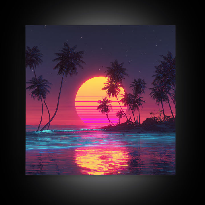 Neon Tropical Beach Sunset With Palms Wall Art, Retro Vaporwave Ocean Night Sky Canvas Print