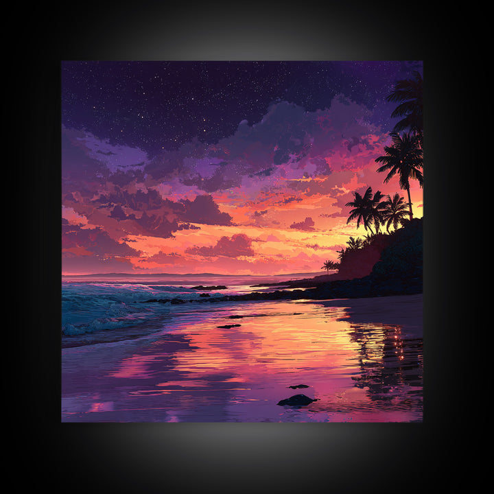 Vibrant Tropical Sunset Beach Wall Art, Colorful Coastal Ocean Painting Print, Summer Beach House Decor Living Room Wall Art