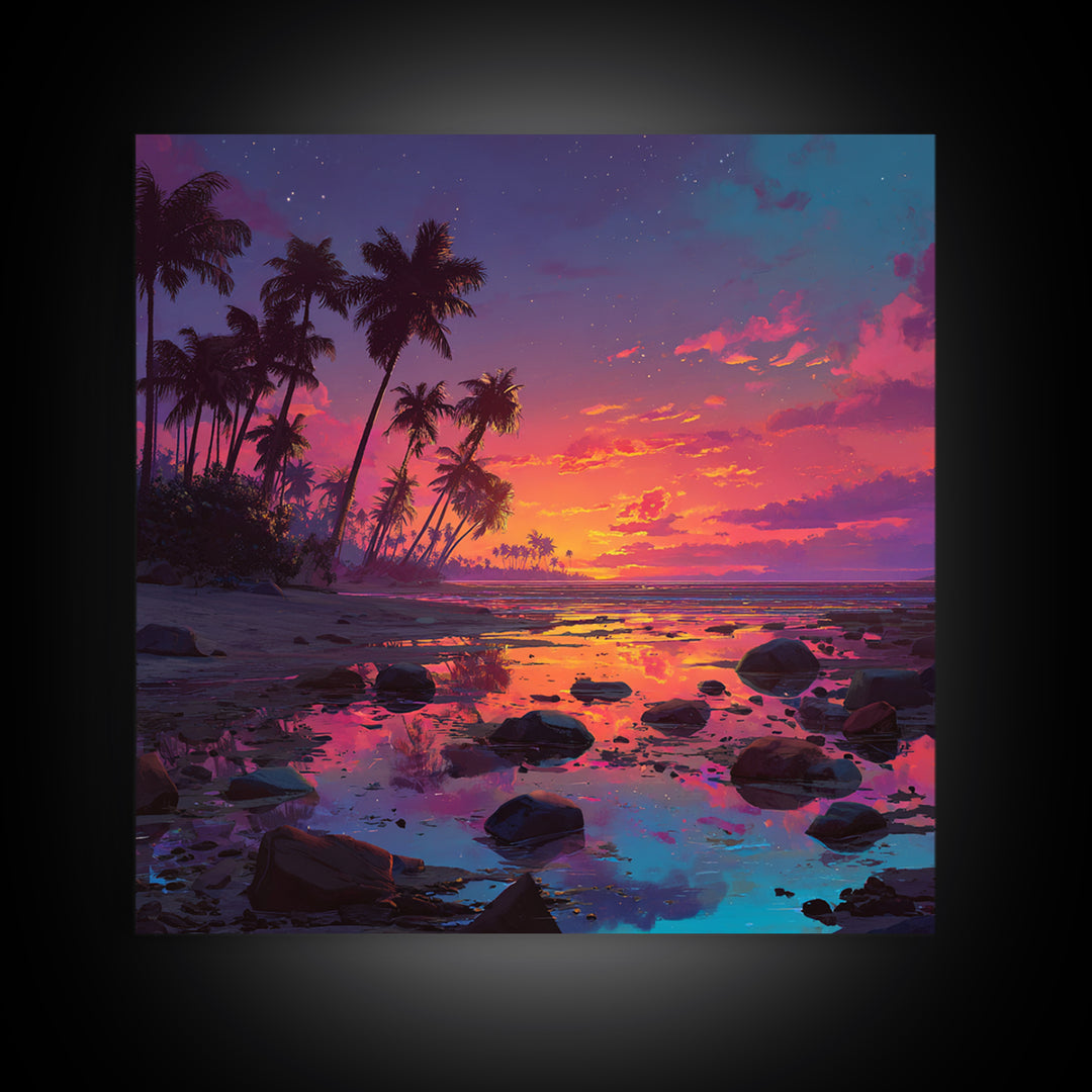 Serene Tropical Sunset With Palm Trees Reflection Over Water Vibrant Wall Art Framed Canvas Print For Coastal Home Decor