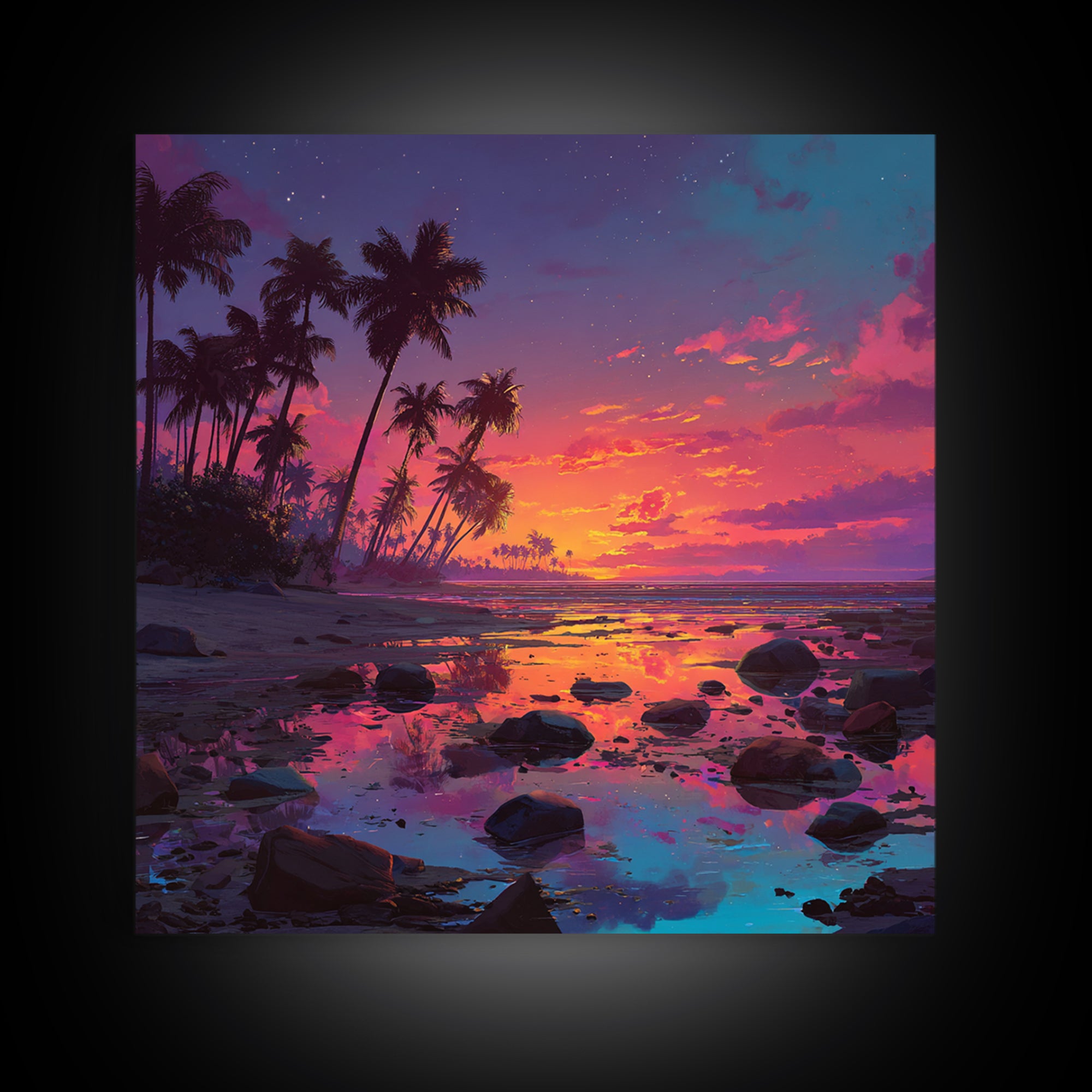 Serene Tropical Sunset With Palm Trees Reflection Over Water Vibrant Wall Art Framed Canvas Print For Coastal Home Decor