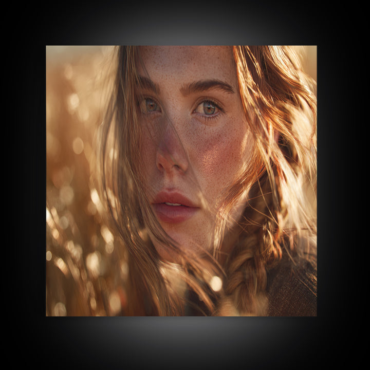 Golden Hour Portrait Of Woman Wall Art, Freckled Girl Close Up Painting, Feminine Modern Art Print, Bedroom Romantic Canvas