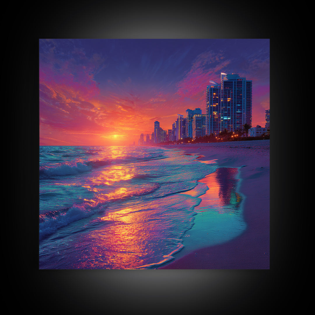 Vibrant City Beach Sunset Skyline Canvas Print, Colorful Coastal Wall Art, Modern Ocean Painting Living Room Home Decor