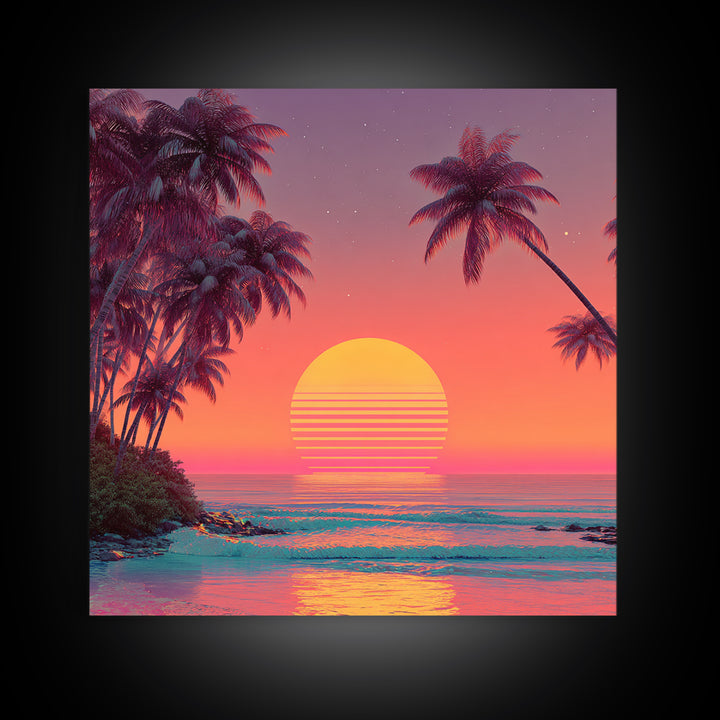 Retro Tropical Sunset Beach With Palm Trees Neon Wall Art, Colorful Coastal Canvas Print, Summer Room Decor