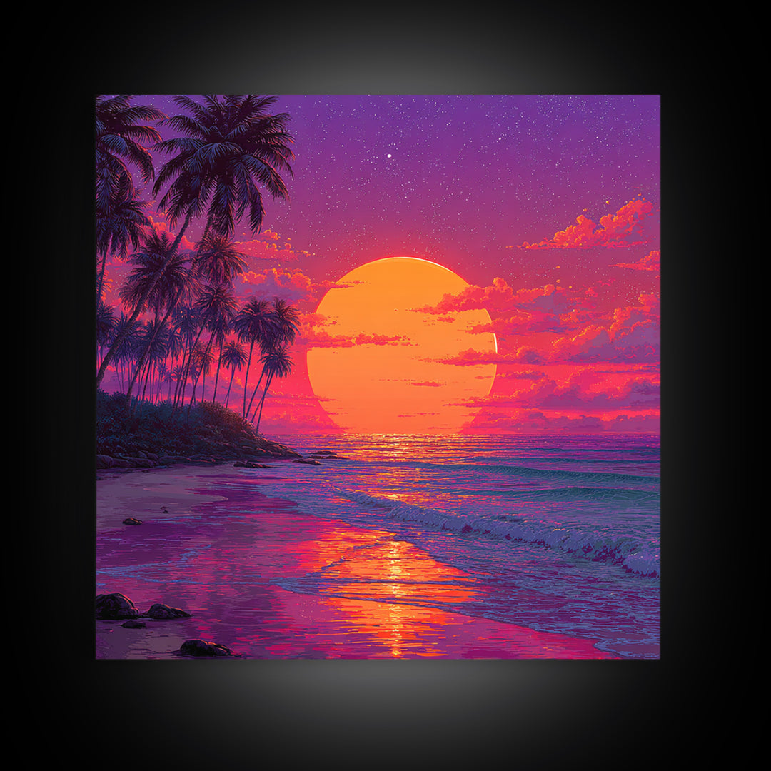 Vibrant Tropical Sunset Beach Wall Art, Palm Tree Ocean Horizon Print, Retro Coastal Summer Decor Canvas Print
