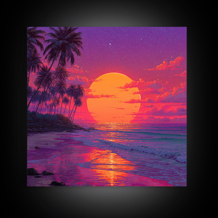 Vibrant Tropical Sunset Beach Wall Art, Palm Tree Ocean Horizon Print, Retro Coastal Summer Decor Canvas Print