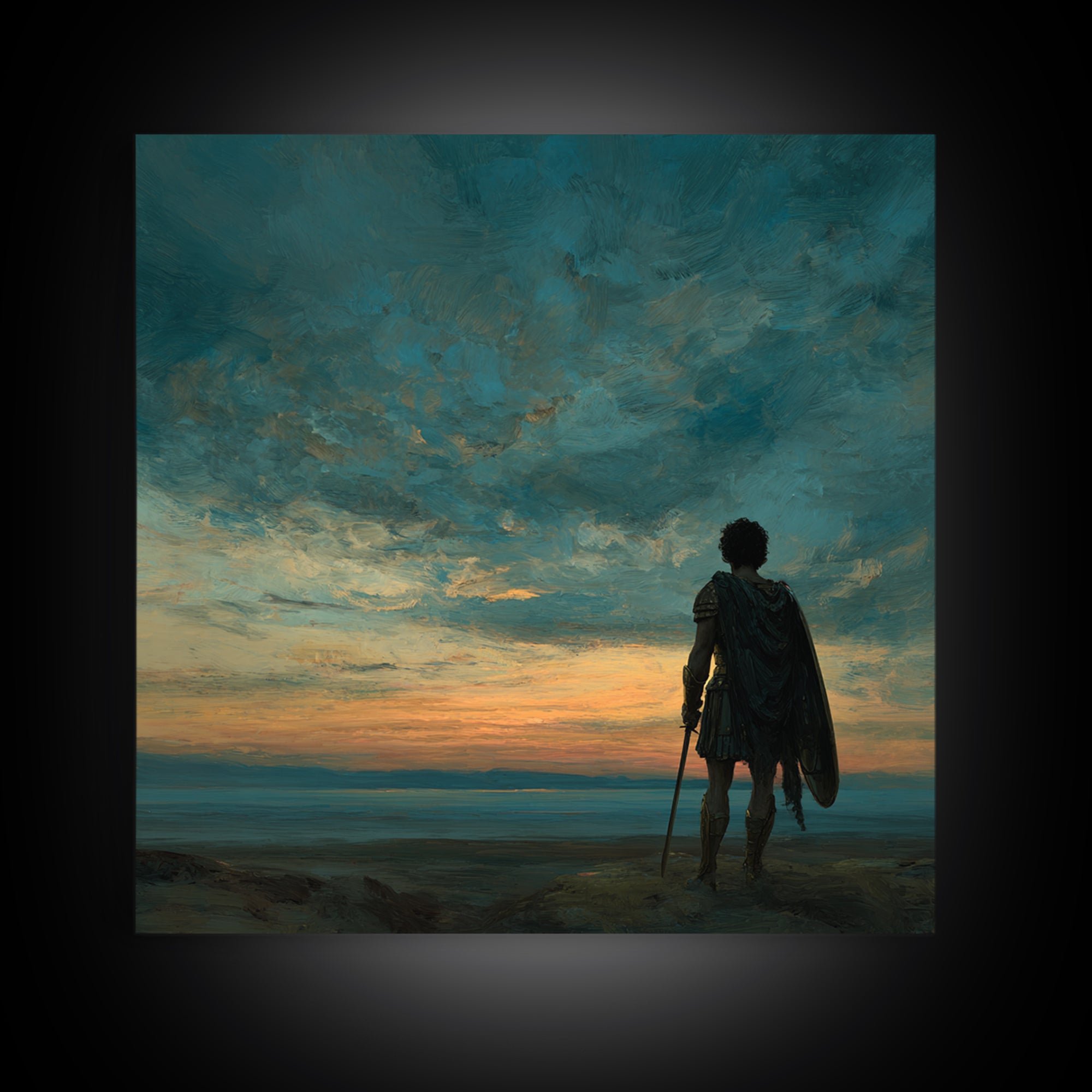Dark Dramatic Sunset With Ancient Warrior Standing On Hill Wall Art Oil Painting Framed Canvas Print