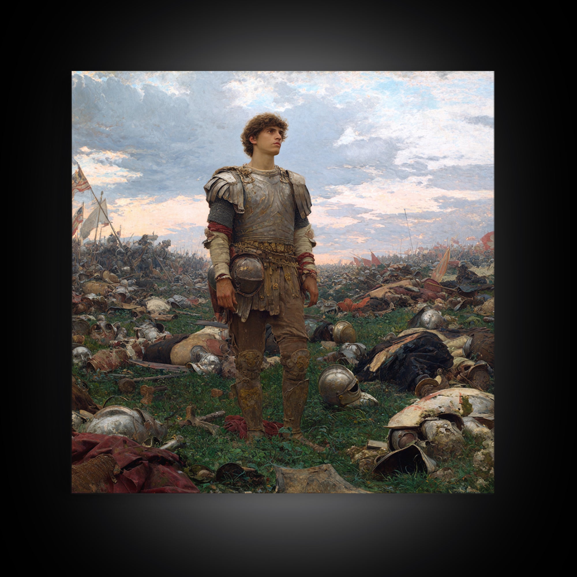 Young Knight Standing After Battle Wall Art, Medieval Warrior Oil Painting, Historical Landscape, Statement Decor, Gift For Him