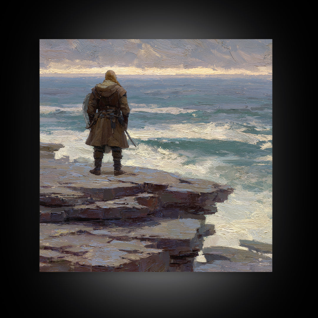 Lone Warrior On Ocean Cliff, Moody Coastal Landscape Wall Art, Viking Seascape Canvas Print, Masculine Office Decor, Gift For Him