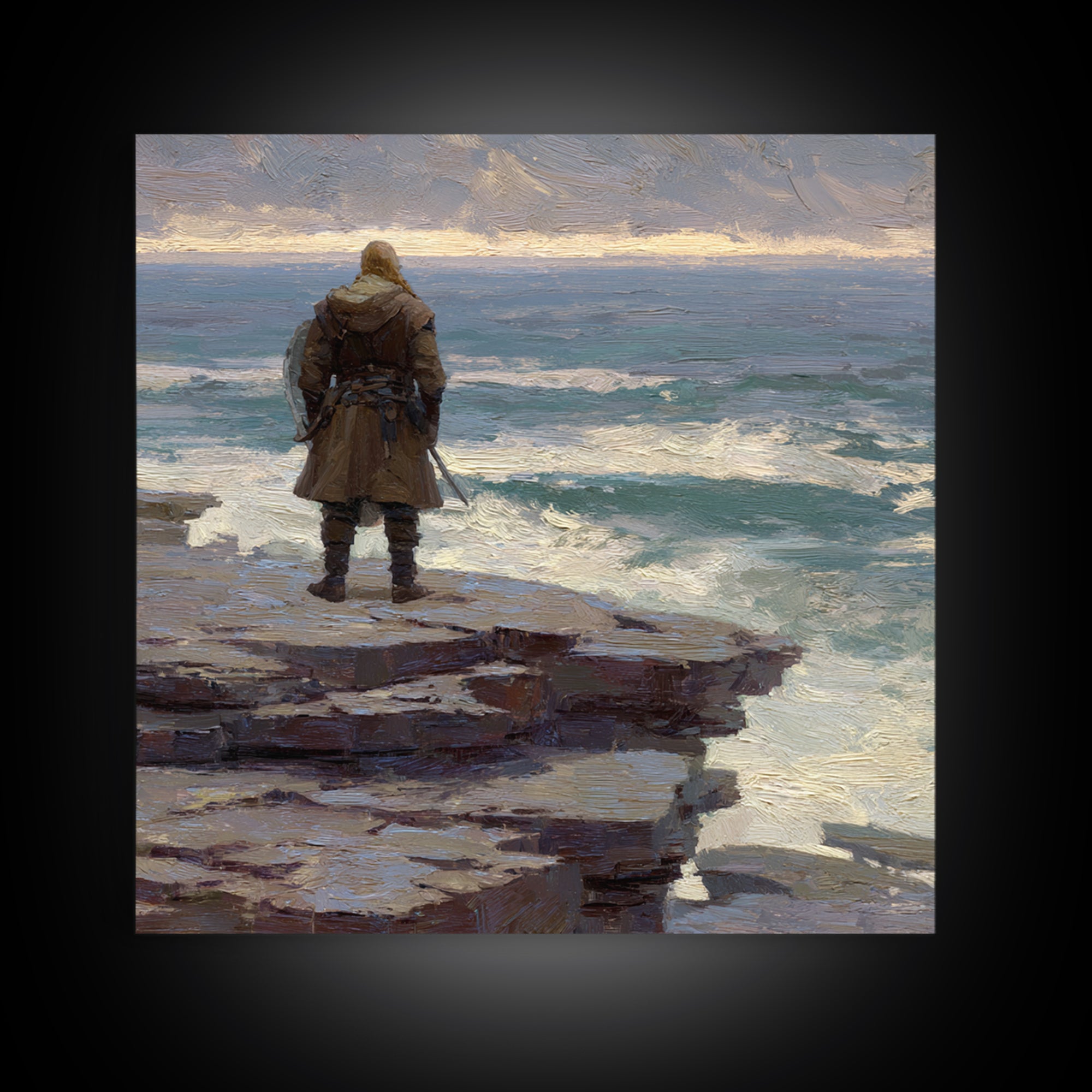 Lone Warrior On Ocean Cliff, Moody Coastal Landscape Wall Art, Viking Seascape Canvas Print, Masculine Office Decor, Gift For Him