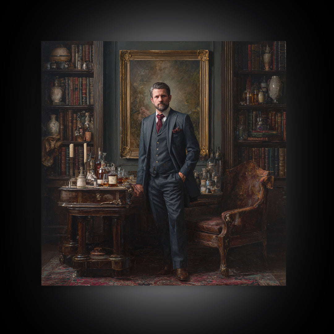 Dapper Gentleman In Antique Study Framed Canvas Print, Moody Portrait Oil Painting, Masculine Office Decor, Dark Academia Art