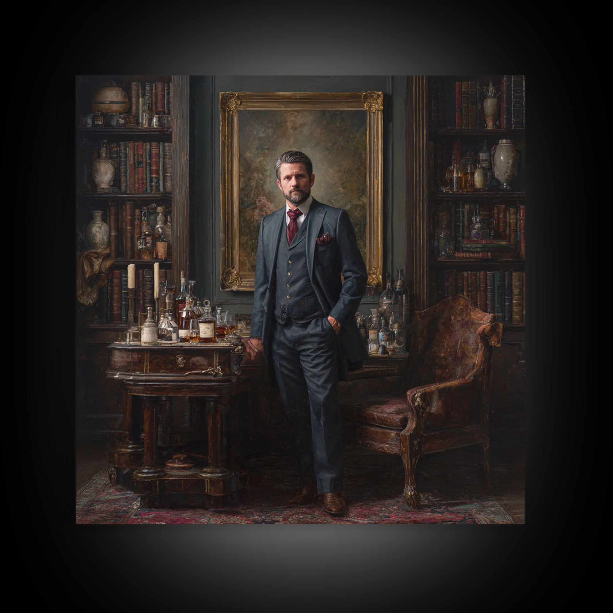 Dapper Gentleman In Antique Study Framed Canvas Print, Moody Portrait Oil Painting, Masculine Office Decor, Dark Academia Art