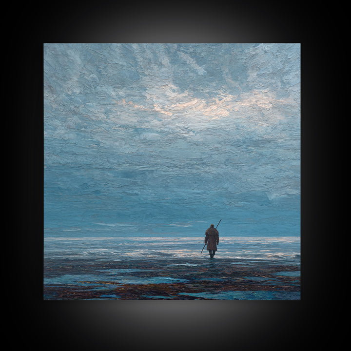 Lone Wanderer Crossing Icy Blue Shore Canvas Print, Minimalist Seascape Art, Calming Wall Art, Serene Coastal Bedroom Decor