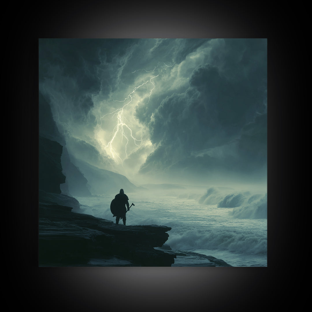 Lone Viking Facing Lightning Over Stormy Sea Wall Art, Dark Seascape Art, Fantasy Wall Decor, Moody Coastal Decor, Gift For Him