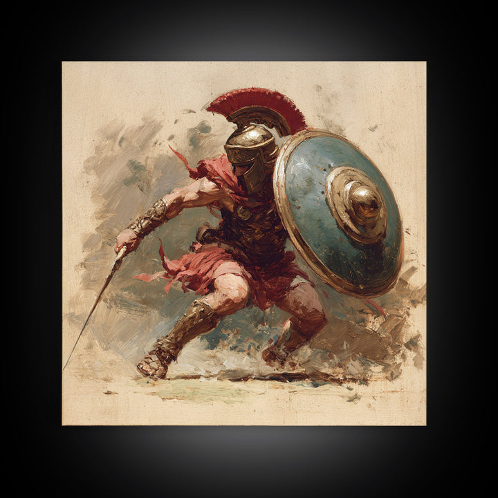 Spartan Warrior With Shield Wall Art, Red Plume Gladiator Action Painting, Bold Classical Canvas Print For Game Room Decor