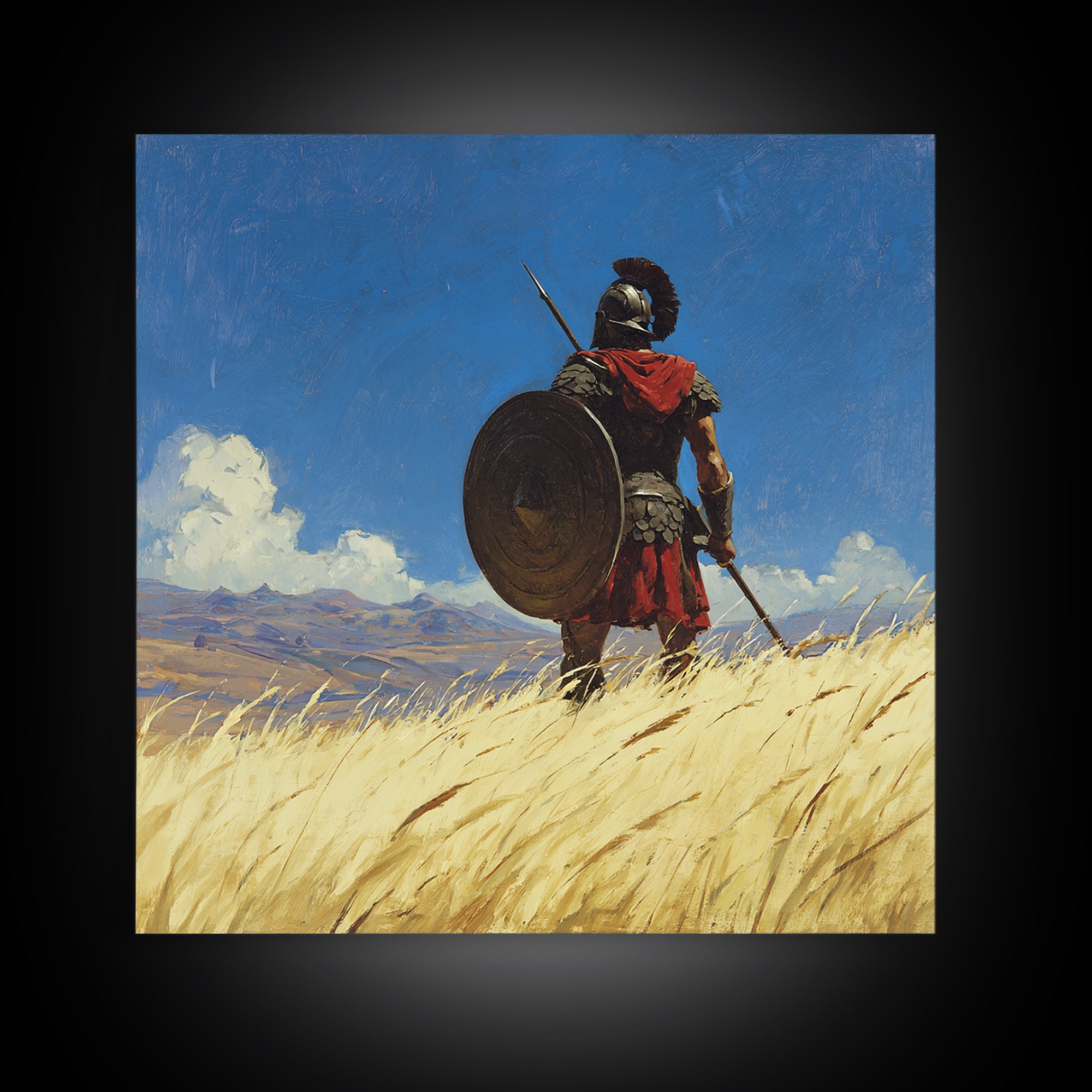 Spartan Warrior In Golden Field Framed Canvas Print, Ancient Greece Landscape, Masculine Wall Art, Western Office Decor Gift