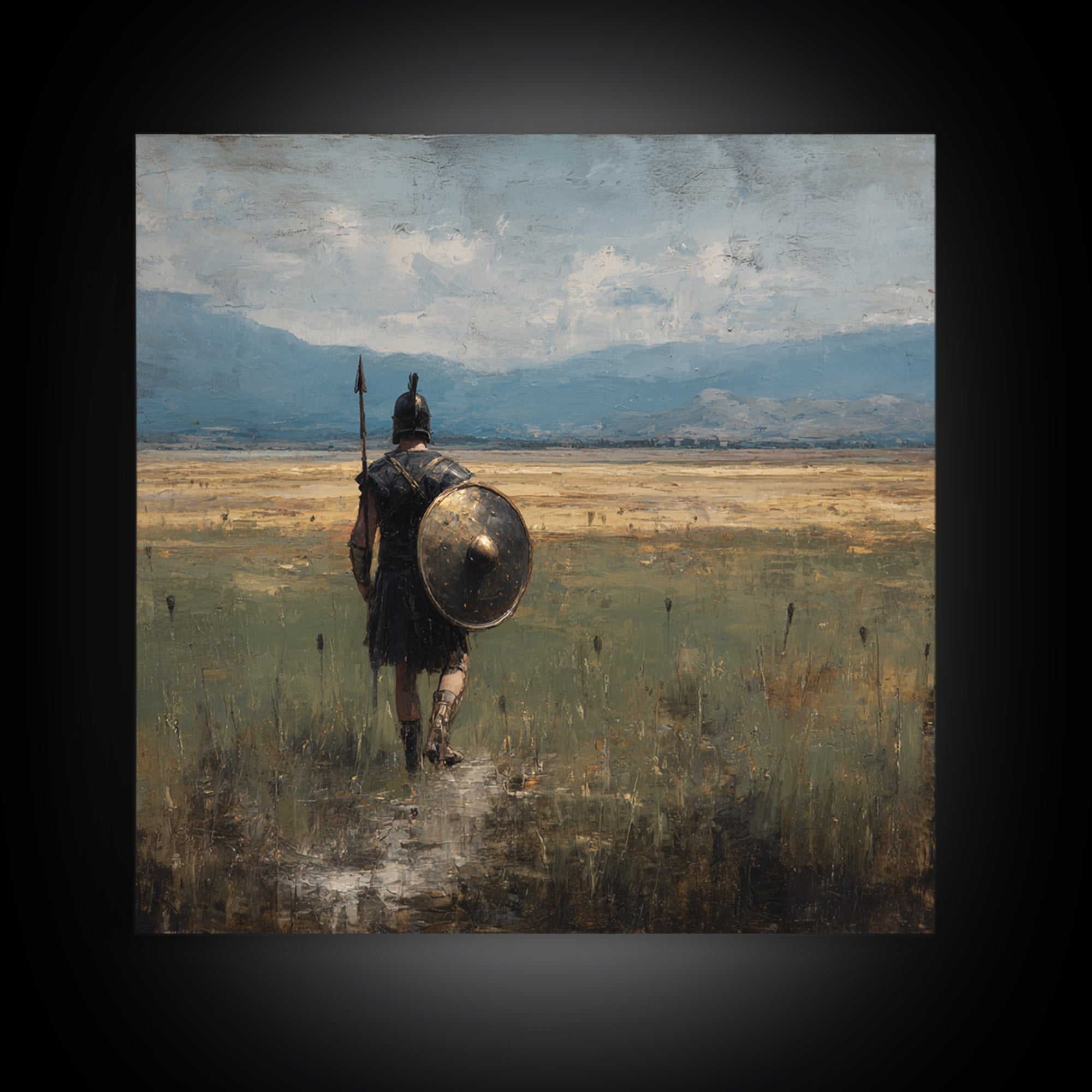 Lone Hoplite Crossing Golden Plains Wall Art, Ancient Greek Landscape Oil Painting, Historical Decor, Masculine Art Print