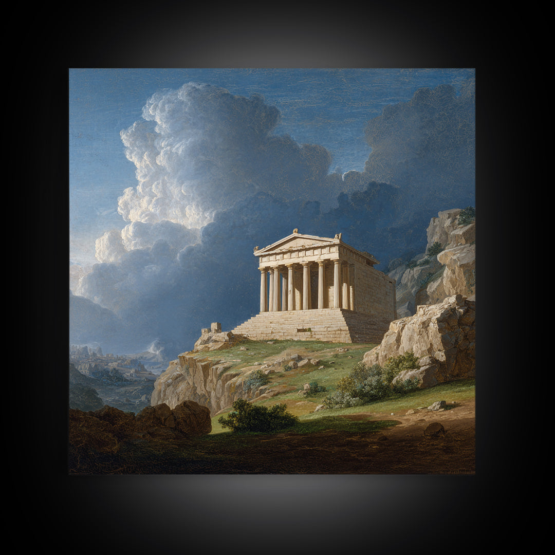 Classical Greek Temple On Rocky Hill Canvas Print, Ancient Architecture Wall Art, Mediterranean Landscape, Elegant Home Decor