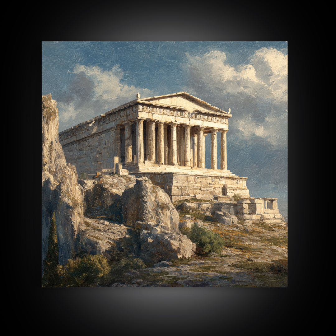 Sunlit Greek Temple On Rocky Acropolis Wall Art, Classical Architecture Oil Painting, Ancient Greece Decor, Fine Art Print
