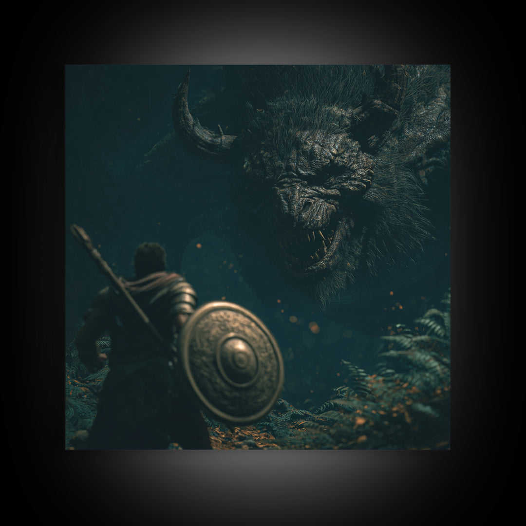 Hero Facing Giant Mythic Beast In Dark Forest Canvas Print, Fantasy Wall Art, Monster Art, Gothic Decor, Gift For Him, Dark Art