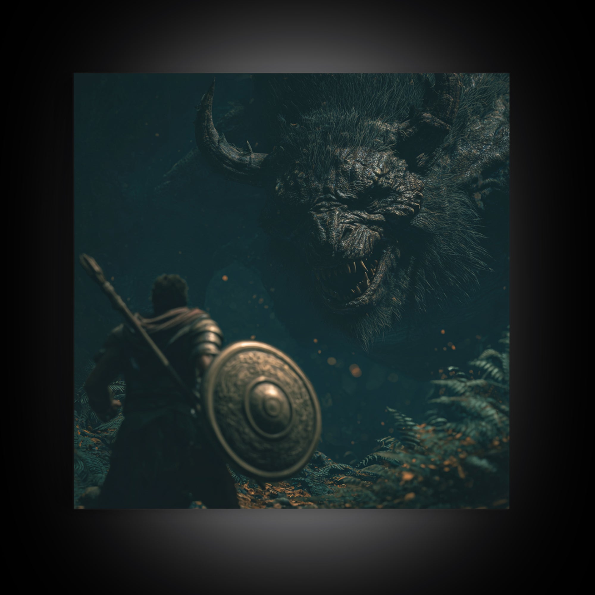 Hero Facing Giant Mythic Beast In Dark Forest Canvas Print, Fantasy Wall Art, Monster Art, Gothic Decor, Gift For Him, Dark Art