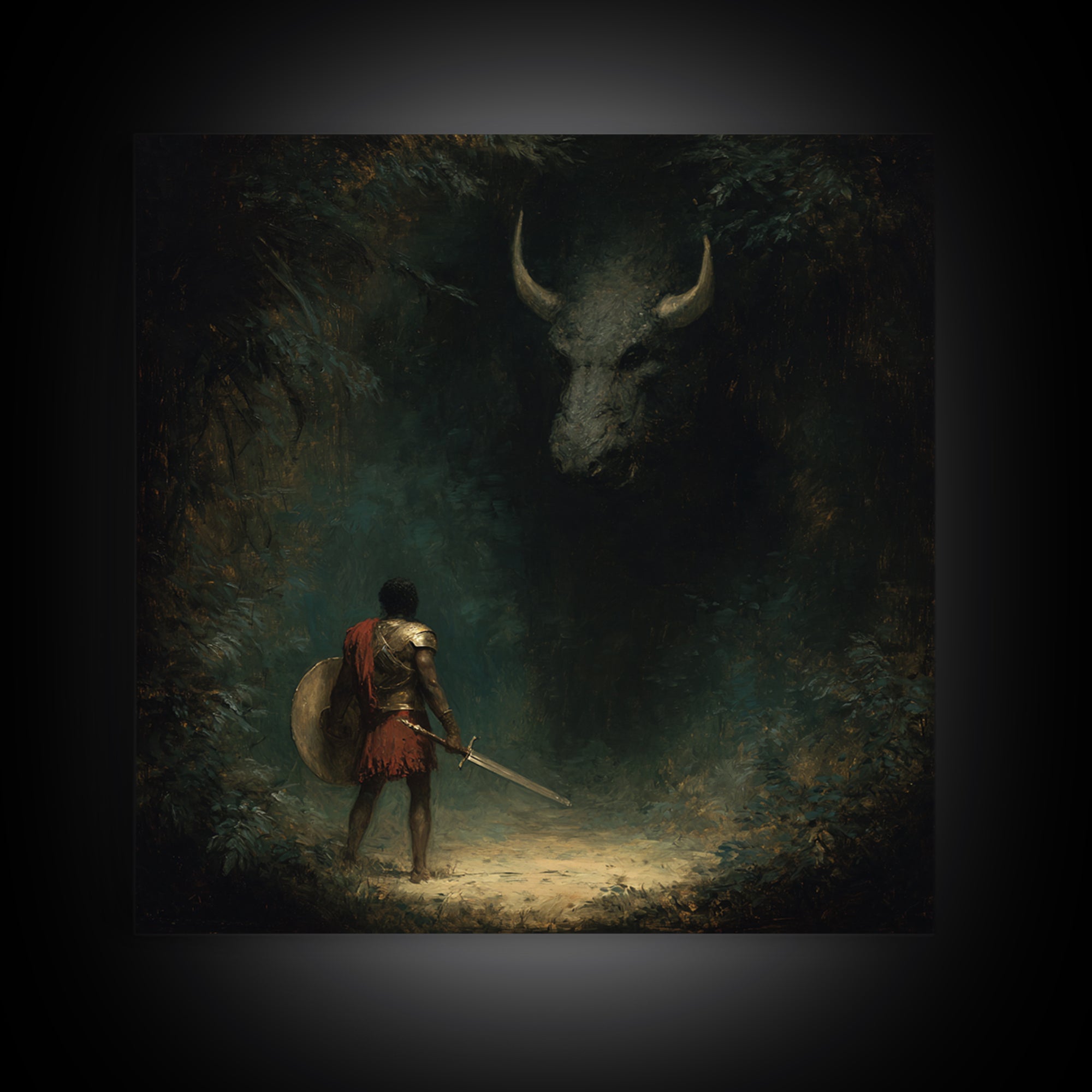 Hero Facing Shadow Minotaur In Dark Forest Framed Canvas Print, Mythological Fantasy Art, Moody Wall Decor, Gothic Art Gift