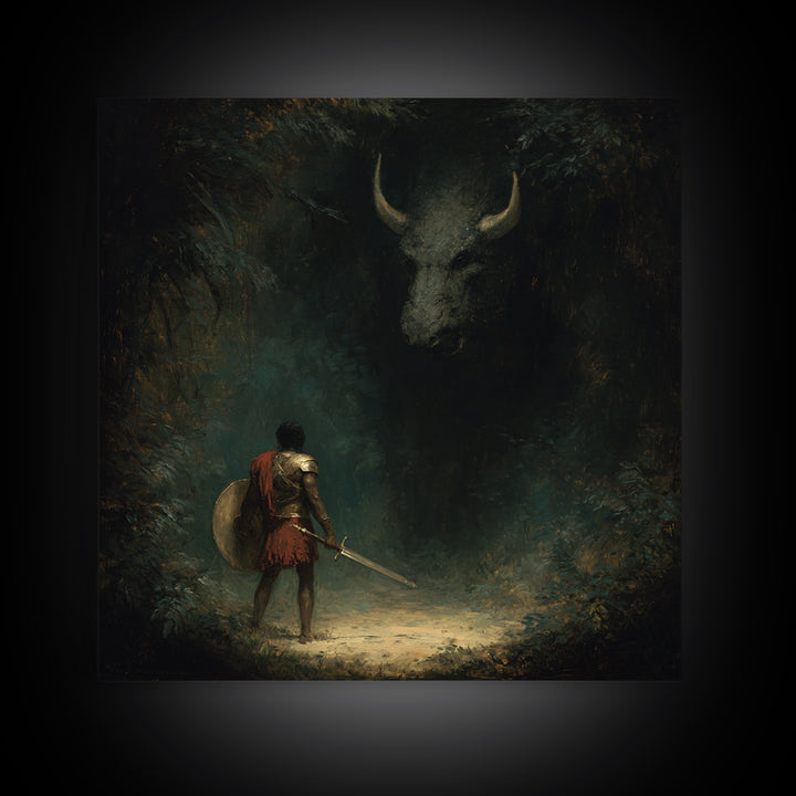 Hero Facing Shadow Minotaur In Dark Forest Framed Canvas Print, Mythological Fantasy Art, Moody Wall Decor, Gothic Art Gift