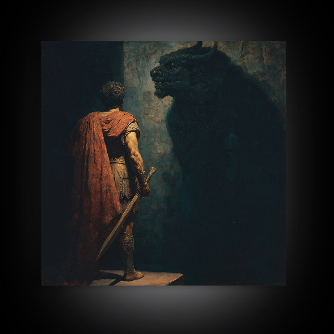Hero Facing Minotaur In Shadows Canvas Print, Dark Mythology Wall Art, Ancient Greek Fantasy Decor, Dramatic Fine Art Print