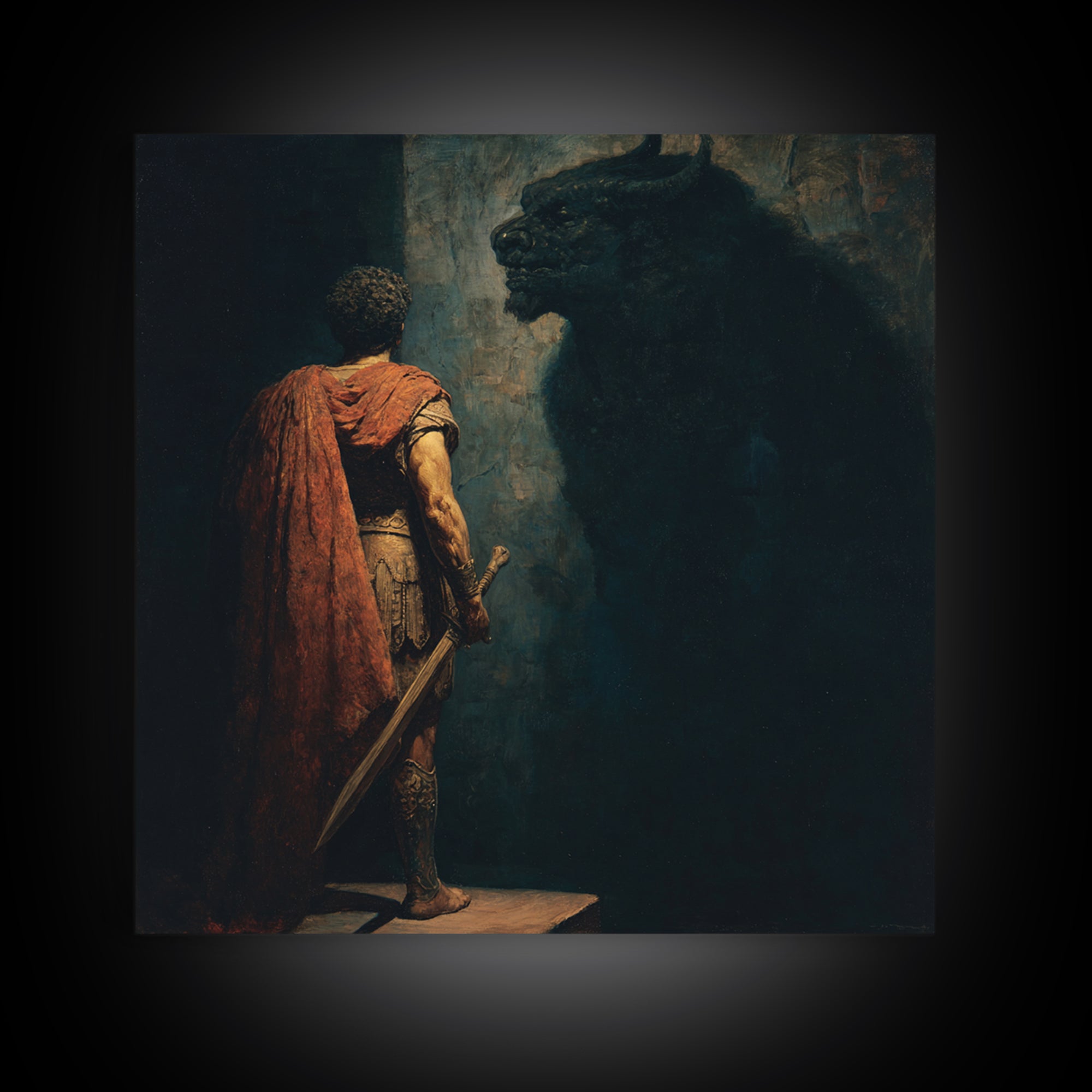 Hero Facing Minotaur In Shadows Canvas Print, Dark Mythology Wall Art, Ancient Greek Fantasy Decor, Dramatic Fine Art Print